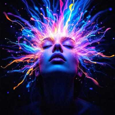 The primary subject of the image is a woman with a colorful, psychedelic head. The setting is a dark background, which contrasts with the vibrant colors of the woman's head. The visual style is a combination of photo and digital art, creating a unique and eye-catching representation of the woman's head. The colors and mood of the image are predominantly bright and lively, with the woman's head being the focal point and the main source of visual interest.
